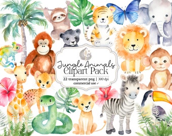 Watercolor Jungle Animals Clipart Pack: Safari Creatures and Tropical Elements (PNG)