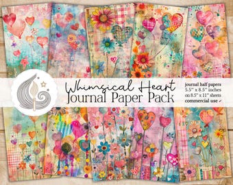 May include: A set of 6 digital journal papers featuring whimsical hearts, flowers, and a patchwork design. The papers are 5.5 inches by 8.5 inches and are for commercial use.