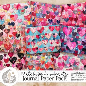 May include: A digital paper pack with 11 x 8.5 inch printable journal pages featuring a patchwork design of pink, red, and blue hearts. The text "Patchwork Hearts Journal Paper Pack" is at the bottom of the image.