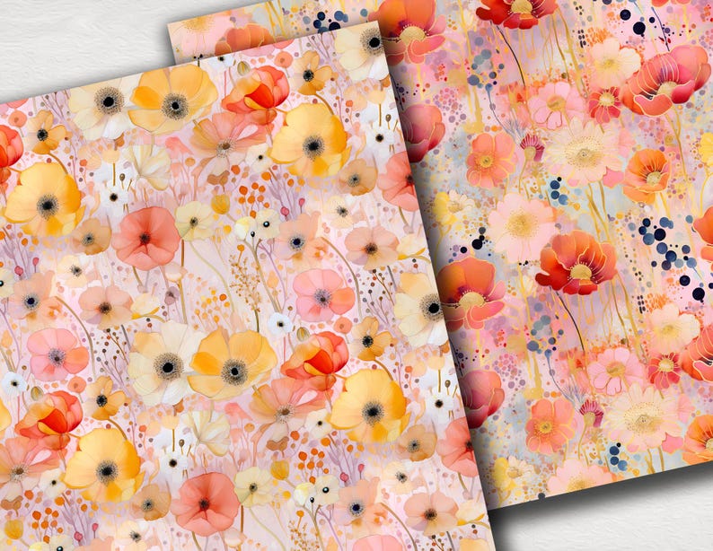 Floral Seamless Patterns: Warm Watercolor Flower Digital Paper Pack in ...