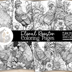 Rooster Coloring Pages | Floral Rooster Printable Download | Adult Coloring Pages | Printable Coloring Pages | Adults Coloring Book