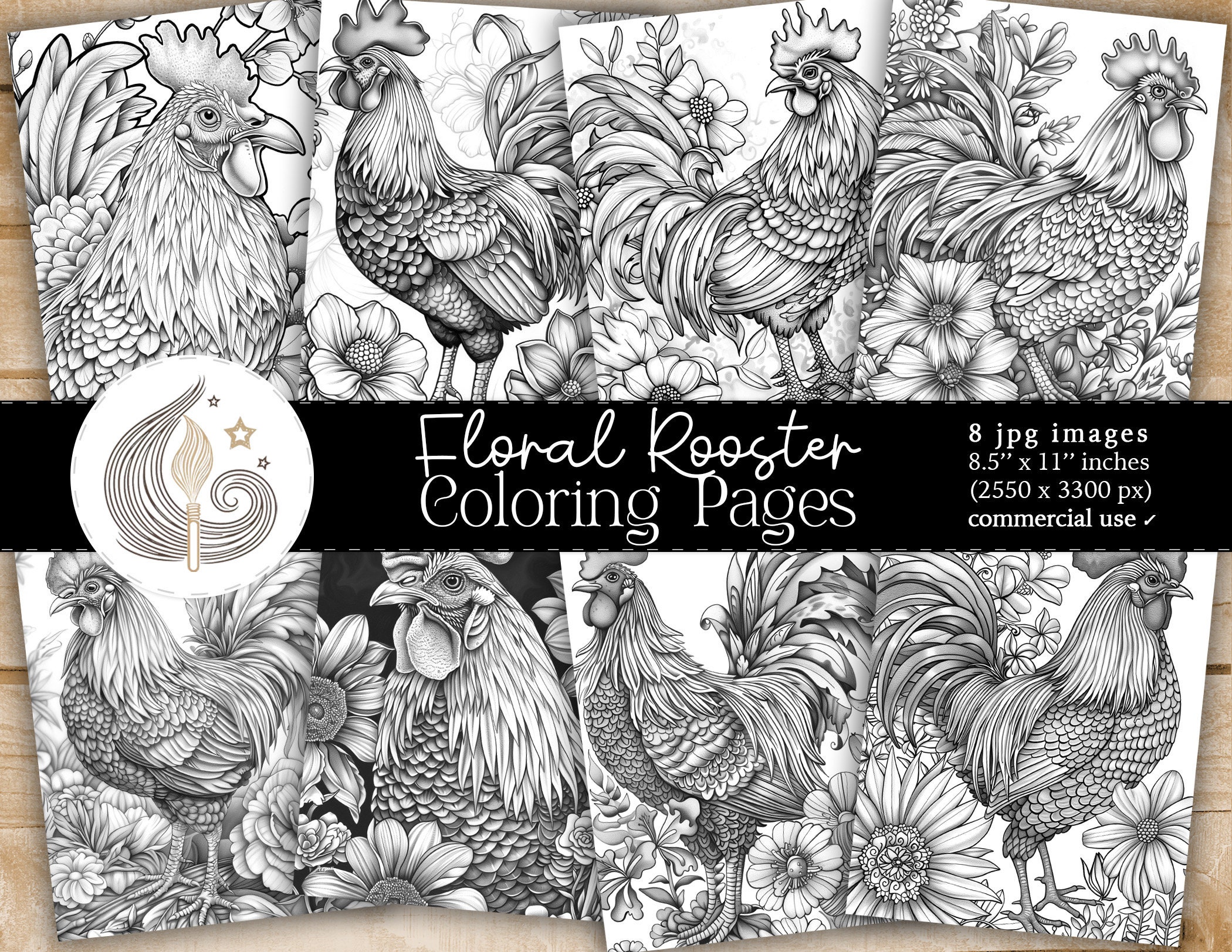 Floral Rooster Coloring Pages: Printable Sheets With Roosters and ...