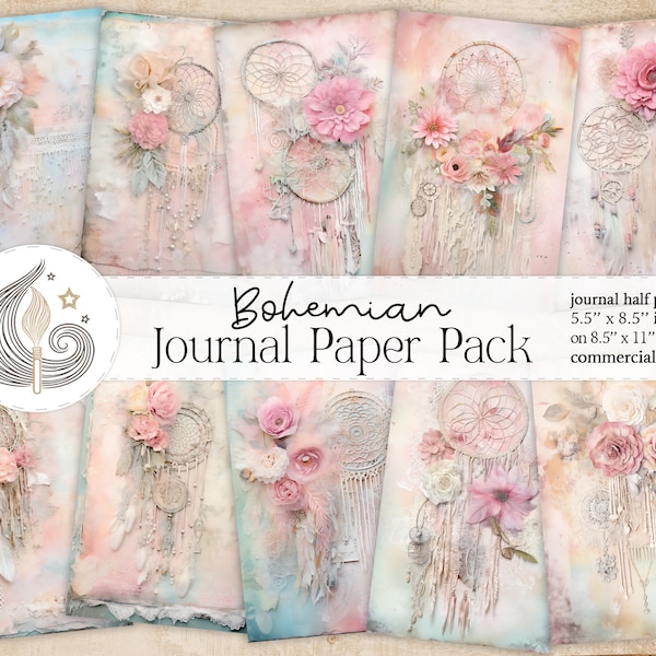 Bohemian Shabby Chic Junk Journal Kit | Printable Pages | Soft Pastel Tones | Lace & Dreamcatchers | Card Making | Crafts | Scrapbook
