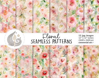 Floral Seamless Patterns: Blush and Pink Watercolor Flower Digital ...