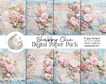 Pacchetto di carte digitali Shabby Chic: sfondi con rose e pizzi in rilievo in romantiche tonalità pastello.