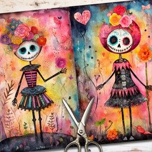 May include: Two colorful illustrations of skeletons with flowers in their hair. The skeletons are wearing dresses and are surrounded by flowers and butterflies. The background is a watercolor wash of pink, orange, and yellow.
