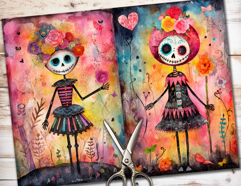 May include: Two colorful illustrations of skeletons with flowers in their hair. The skeletons are wearing dresses and are surrounded by flowers and butterflies. The background is a watercolor wash of pink, orange, and yellow.