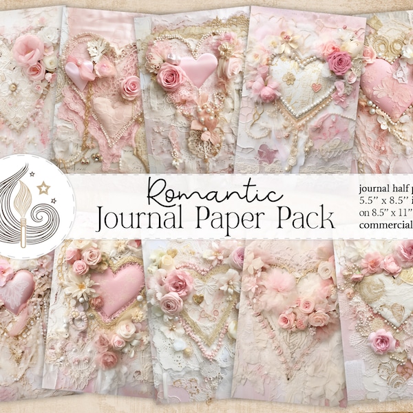 Romantic Junk Journal | Printable Kit | Elegant Pink Gold Lace Pearls Hearts | Shabby Chic | Valentines Junk Journal | Wedding Paper