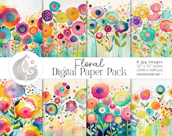 Floral Digital Paper Pack: Soft Watercolor Flowers in Pastel Pink and Blue Tones