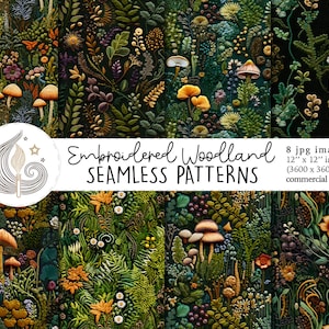 Puede incluir: Ocho patrones digitales sin costuras que presentan escenas de bosque bordadas con hongos, flores y hojas en tonos de verde, marrón y amarillo. Los patrones miden 30,5 cm por 30,5 cm y son para uso comercial.