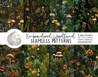 May include: Eight digital seamless patterns featuring embroidered woodland scenes with mushrooms, flowers, and leaves in shades of green, brown, and yellow. The patterns are 12 inches by 12 inches and are for commercial use.