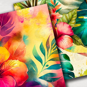 May include: Watercolor painting featuring vibrant tropical flowers and leaves in shades of yellow, orange, pink, red, green, and blue. The flowers are hibiscus and the leaves are palm and monstera.