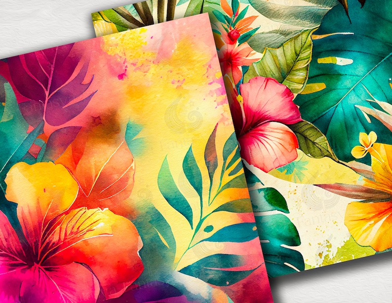 May include: Watercolor painting featuring vibrant tropical flowers and leaves in shades of yellow, orange, pink, red, green, and blue. The flowers are hibiscus and the leaves are palm and monstera.
