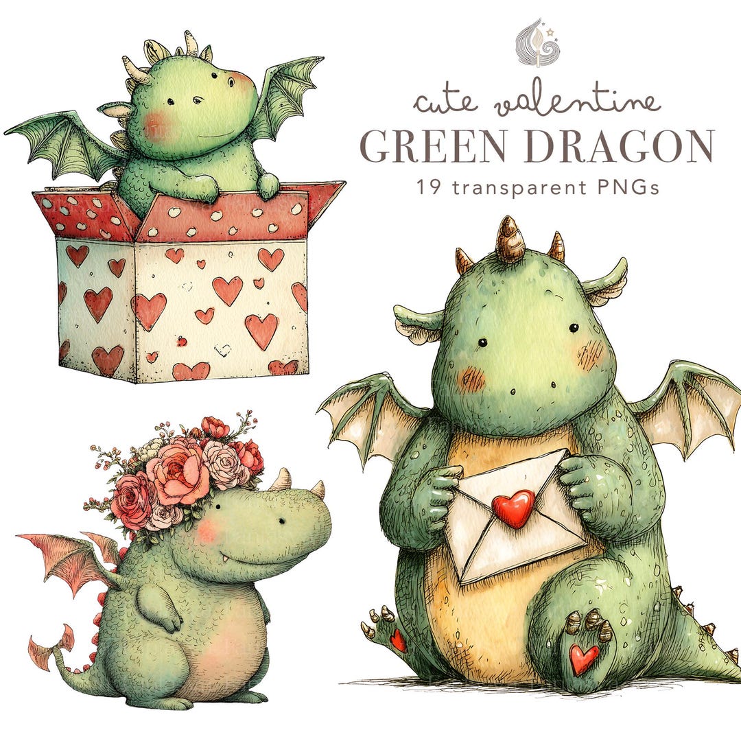Cute Valentine Green Dragon Clipart Bundle: 19 Watercolor Love PNG ...