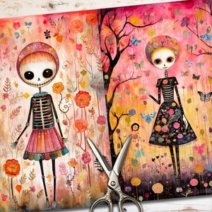 May include: Two colorful illustrations of skeleton figures with floral details. The figures are wearing dresses and have flowers in their hair. The background is a pink and orange gradient with flowers and butterflies.