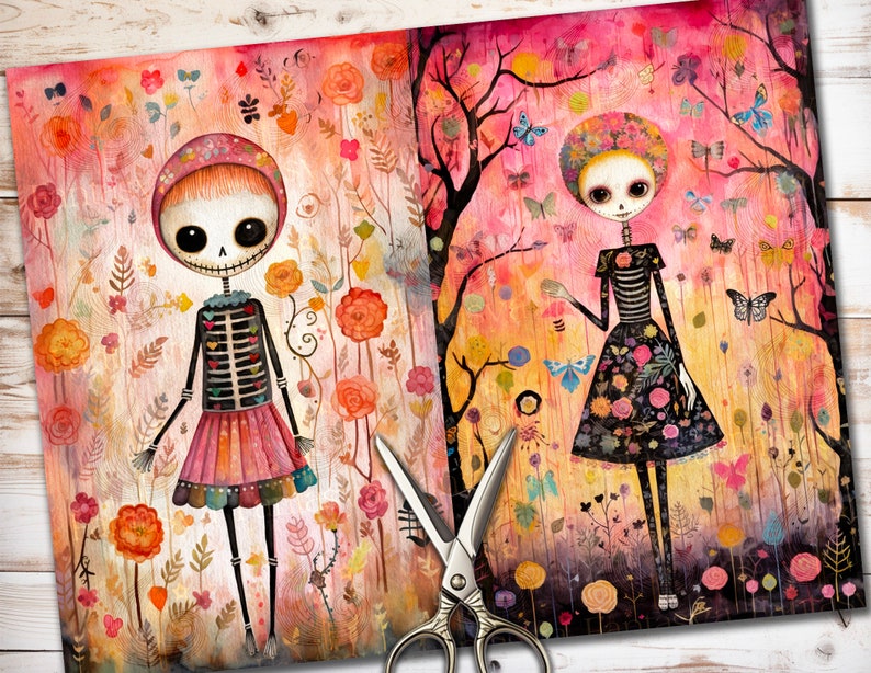 May include: Two colorful illustrations of skeleton figures with floral details. The figures are wearing dresses and have flowers in their hair. The background is a pink and orange gradient with flowers and butterflies.