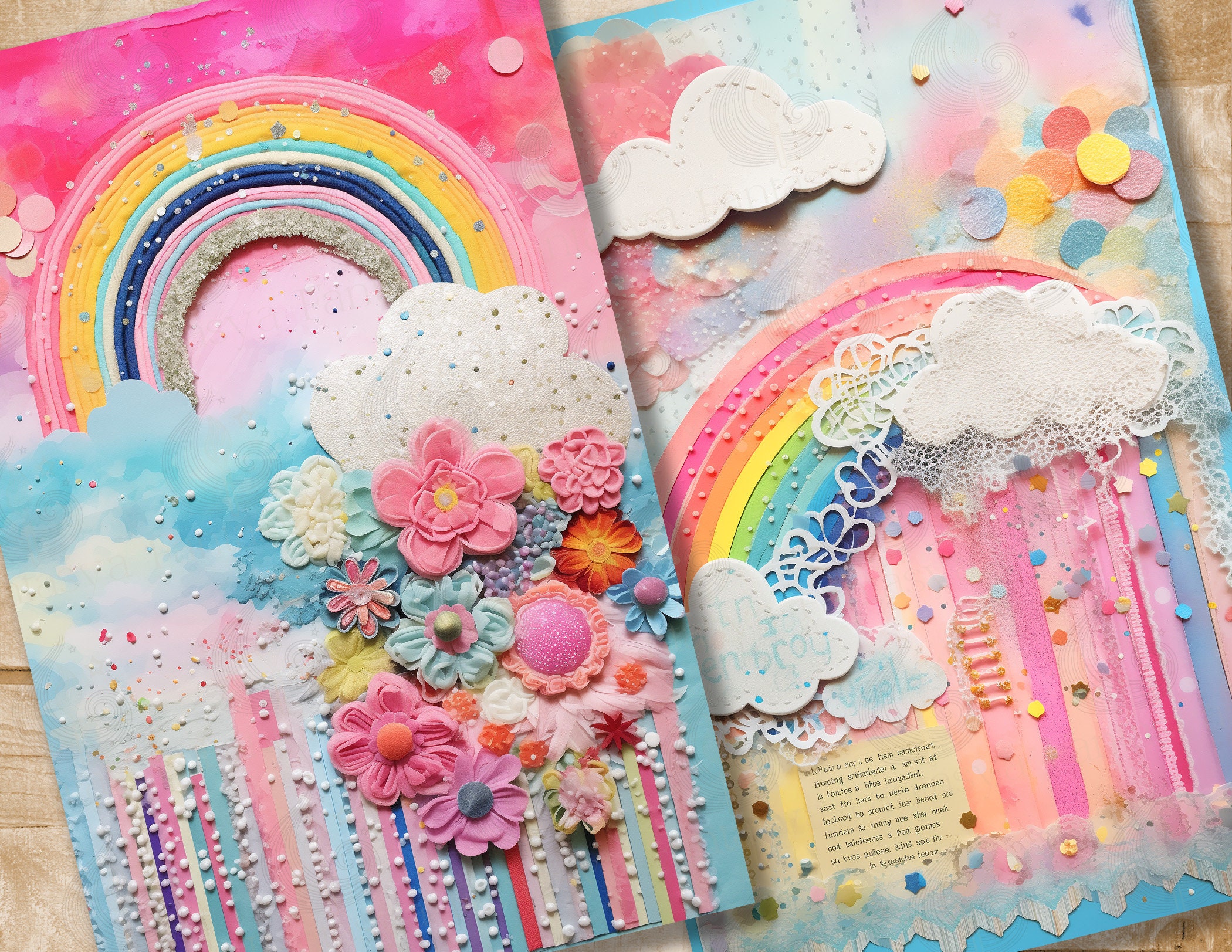 Rainbow Junk Journal Pages: Pastel Papers With Clouds, Florals, and ...