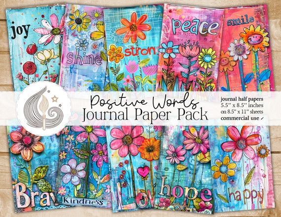 Positive Words Junk Journal Pages: Colorful Inspirational Papers with Bright Whimsical Motifs