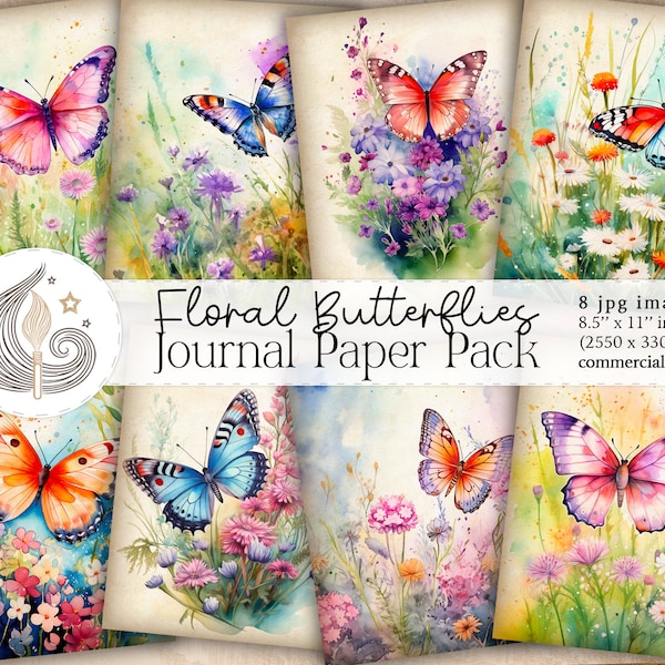 Junk Journal Paper | Watercolor Floral Butterflies | Junk Journal Supplies | Printable Papers | Journal Pages | Scrapbooking | Digital Kit