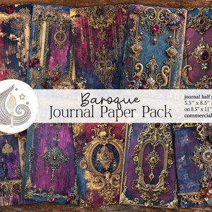 May include: A set of 10 digital papers featuring a baroque design with gold, purple, and blue colors. The papers are 5.5 inches by 8.5 inches and are designed for use in journals. The papers are for commercial use.