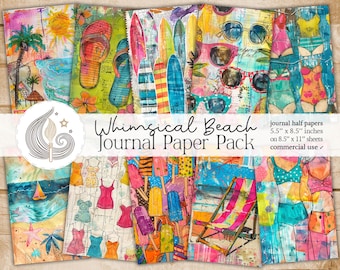 Whimsical Beach Junk Journal Pages: Summer Papers Pack with Flip-Flops and Colorful Surf Vibes