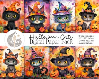 Halloween Cats Digital Paper Pack: Sweet Watercolor Black Cat Backgrounds