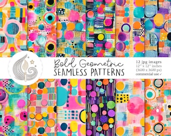 Bold Geometric Seamless Patterns: Colorful Retro Shapes Digital Paper Pack for Maximalist Crafts