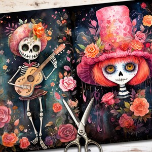 May include: Two watercolor illustrations of skeletons with floral accents. The first skeleton is playing a guitar and wearing a pink hat with flowers. The second skeleton is wearing a pink hat with flowers and a striped shirt. Both skeletons have a dark background with flowers.