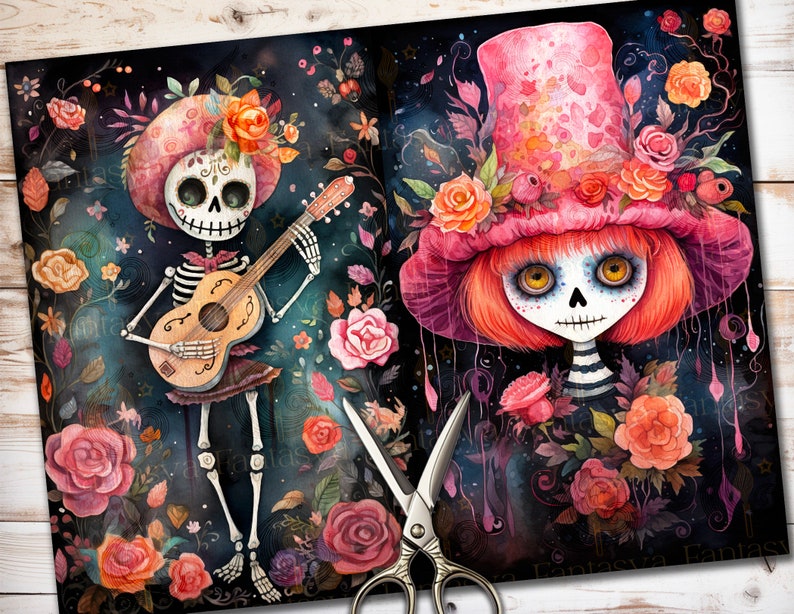 May include: Two watercolor illustrations of skeletons with floral accents. The first skeleton is playing a guitar and wearing a pink hat with flowers. The second skeleton is wearing a pink hat with flowers and a striped shirt. Both skeletons have a dark background with flowers.