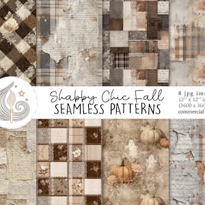May include: A digital art collection featuring eight seamless patterns with a shabby chic autumn theme. The patterns include plaid, floral, and textured designs in shades of brown, beige, and cream. The image includes the text "Shabby Chic Fall SEAMLESS PATTERNS". Each image is 30.48 x 30.48 cm.