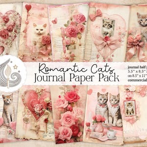Pages du journal des chats romantiques | imprimables roses roses | Kit de scrapbooking shabby chic | Carnet de notes Saint-Valentin | Fabrication de cartes