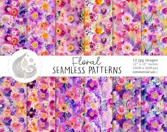 Floral Seamless Patterns: Purple and Pink Watercolor Flower Digital Paper Pack with Artistic Blooms