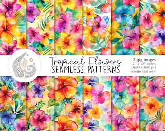 Patrones sin costuras de flores tropicales: Paquete de papel digital de hibisco vibrante en brillantes colores de verano