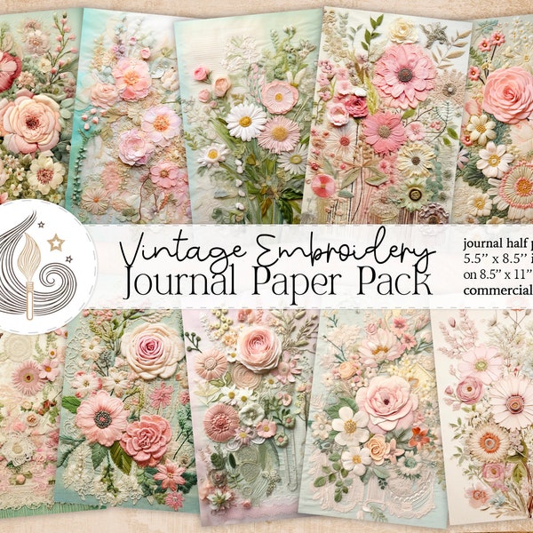 Junk Journal Pages | Vintage Floral Embroidery | Roses and Daisies | Digital Paper Pack | Scrapbooking Supplies | Antique Fabrics