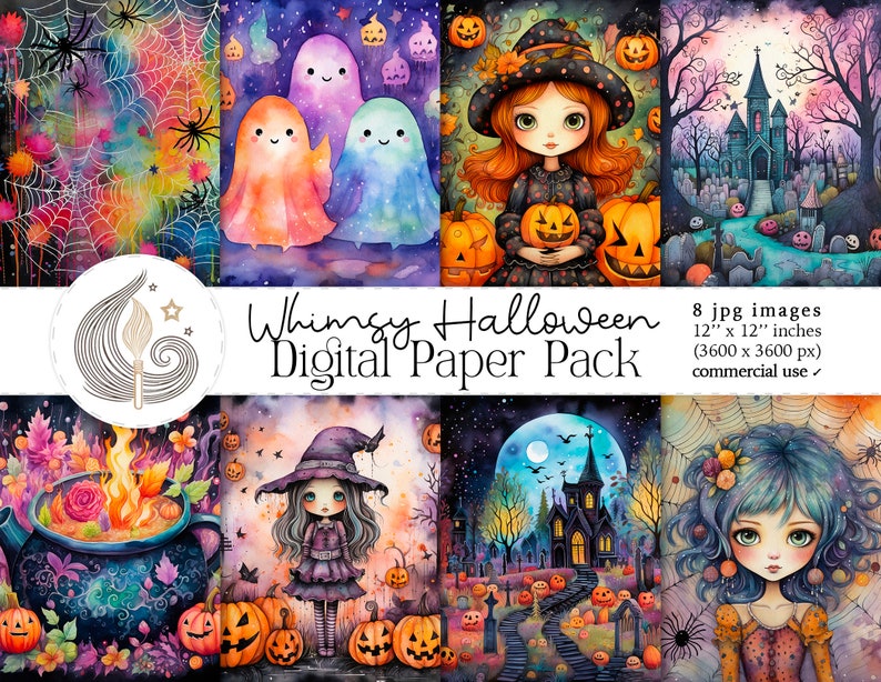 Whimsy Halloween Digital Paper Pack: Sweet Watercolor Spooky ...