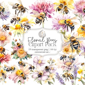 Clipart abeille | Aquarelle d'abeilles et de fleurs | Abeilles florales | Utilisation commerciale | Téléchargement instantané | Clipart numérique | Graphismes PNG