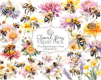 Watercolor Floral Bees Clipart Pack: Bees, Flowers and Garden Elements (PNG)