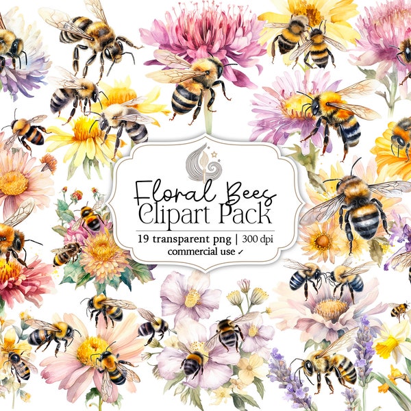 Bee Clipart | Watercolor Bees and Flowers | Floral Bees | Commercial Use | Instant Download | Digital Clipart | Png Graphics