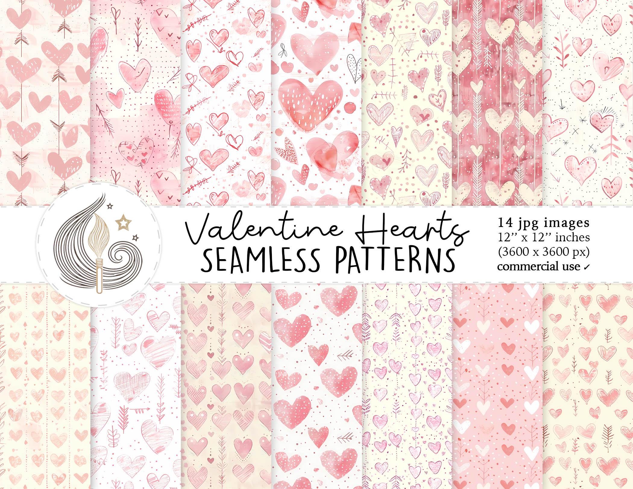 Valentine Hearts Seamless Patterns: Pink Watercolor Heart Digital Paper ...