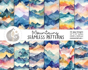 Mountain Seamless Patterns: Watercolor Landscape Digital Papers in Soft Pastel and Deep Blue Tones