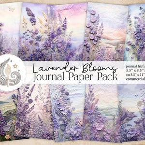 Kit de diário lixo de flores de lavanda | Páginas do diário de flores roxas | Papéis de artesanato para impressão | Álbum de recortes | Fabricação de cartões | Registro no diário