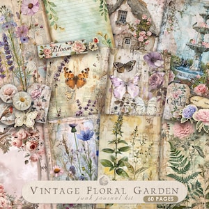 Kit diario Vintage Floral Garden Junk / / Pagine stampabili, carte, effimere / Cottagecore / Shabby Chic / Forniture per album di ritagli / Artigianato