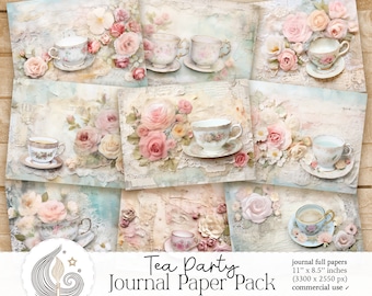 Tea Party Junk Journal Papers: Vintage Backgrounds with Teacups, Roses and Soft Pastels
