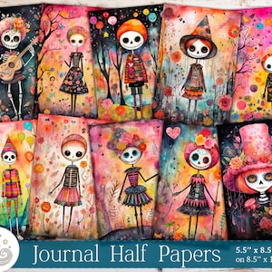 Grillige Halloween skeletten junk Journal halve pagina's, afdrukbaar papierpakket, dagboekbenodigdheden, scrapbookingkit, ambacht, collage, kaarten