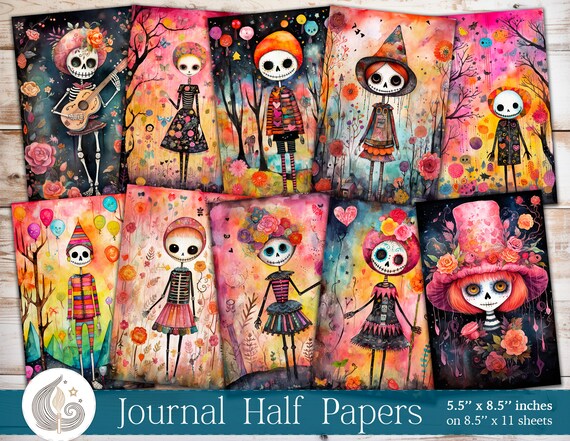 Whimsical Skeleton Girls Junk Journal Pages: Colorful Fantasy Papers with Playful Day-of-the-Dead Characters