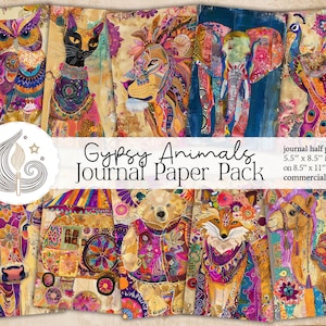Pagine di diario con animali zingari / Pacchetto di carta per diario Boho Junk / Animali stravaganti stampabili / Arte eccentrica per diario e artigianato / Creazione di biglietti
