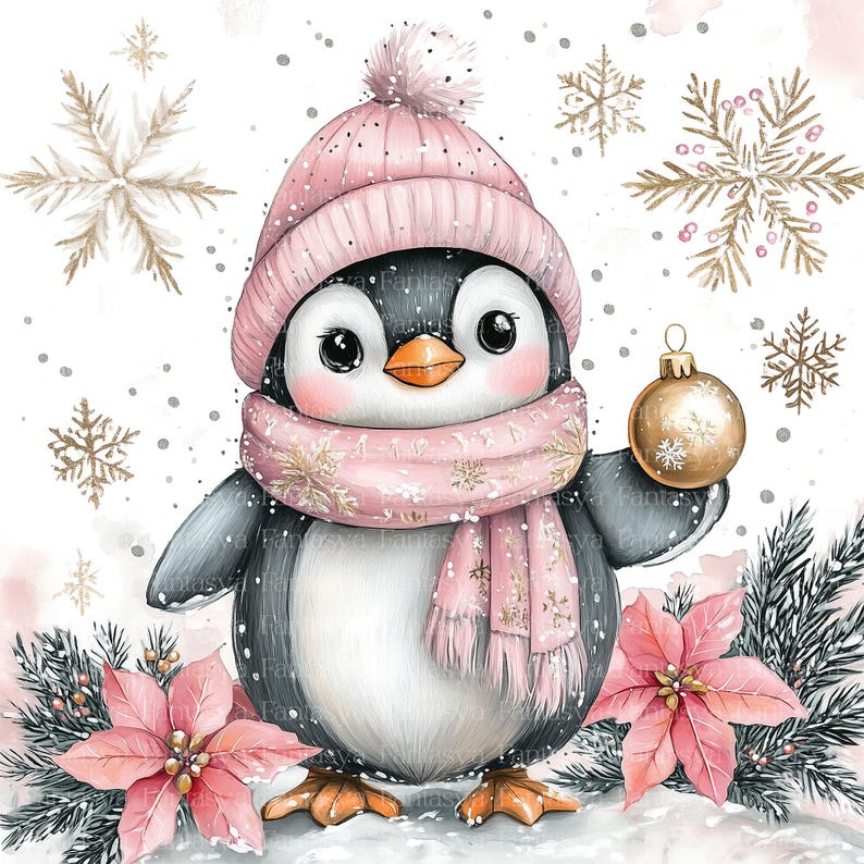 Puede incluir: Un lindo ping&uuml;ino de dibujos animados con un gorro y una bufanda rosas, sosteniendo un adorno navide&ntilde;o dorado. El ping&uuml;ino est&aacute; de pie frente a una flor de poinsettia y un fondo nevado con copos de nieve.