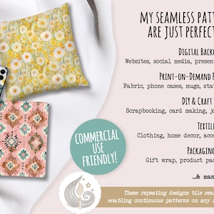 Puede incluir: Dos patrones sin costuras, uno con fondo amarillo y margaritas blancas, el otro con fondo rosa y formas geom&eacute;tricas. El texto "COMMERCIAL USE FRIENDLY!" est&aacute; en un c&iacute;rculo verde. El texto "MY SEAMLESS PATTERNS ARE JUST PERFECT FOR:" est&aacute; en texto negro. El texto a continuaci&oacute;n enumera varios usos para los patrones, incluidos fondos digitales, productos a pedido, proyectos de bricolaje y manualidades, dise&ntilde;o textil y dise&ntilde;o de empaques.