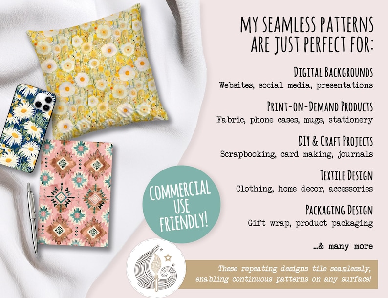 Puede incluir: Dos patrones sin costuras, uno con fondo amarillo y margaritas blancas, el otro con fondo rosa y formas geom&eacute;tricas. El texto "COMMERCIAL USE FRIENDLY!" est&aacute; en un c&iacute;rculo verde. El texto "MY SEAMLESS PATTERNS ARE JUST PERFECT FOR:" est&aacute; en texto negro. El texto a continuaci&oacute;n enumera varios usos para los patrones, incluidos fondos digitales, productos a pedido, proyectos de bricolaje y manualidades, dise&ntilde;o textil y dise&ntilde;o de empaques.