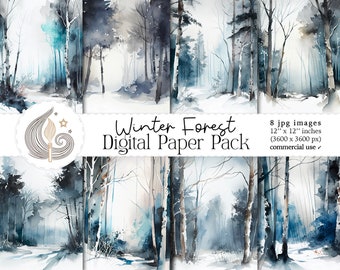 Winter Forest Digital Paper Pack: Watercolor Snowy Landscape Backgrounds